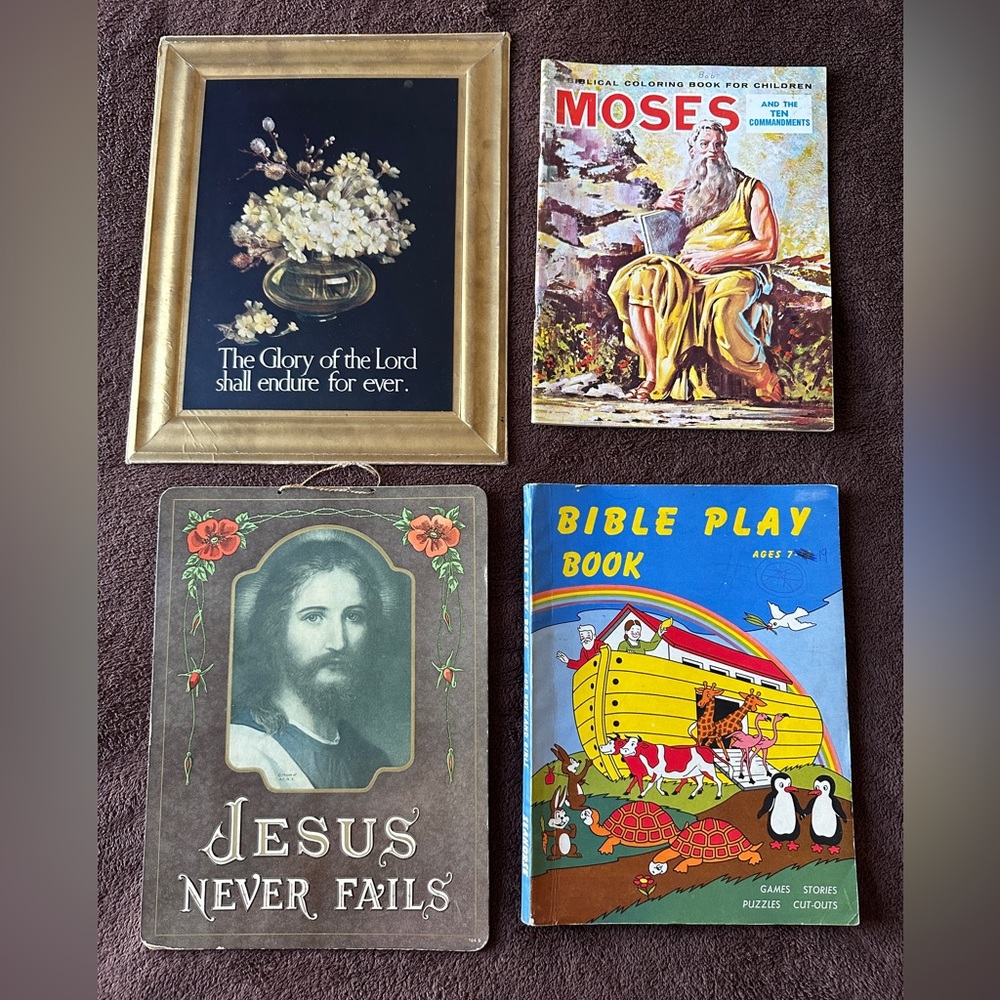 Lot of 4 Antique Vintage Religious Ephemera- poster pictures & coloring books